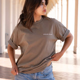 Woman wearing beige cute crewneck 