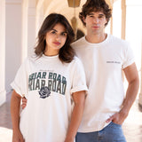 Couple posing both wearing white crewnecks