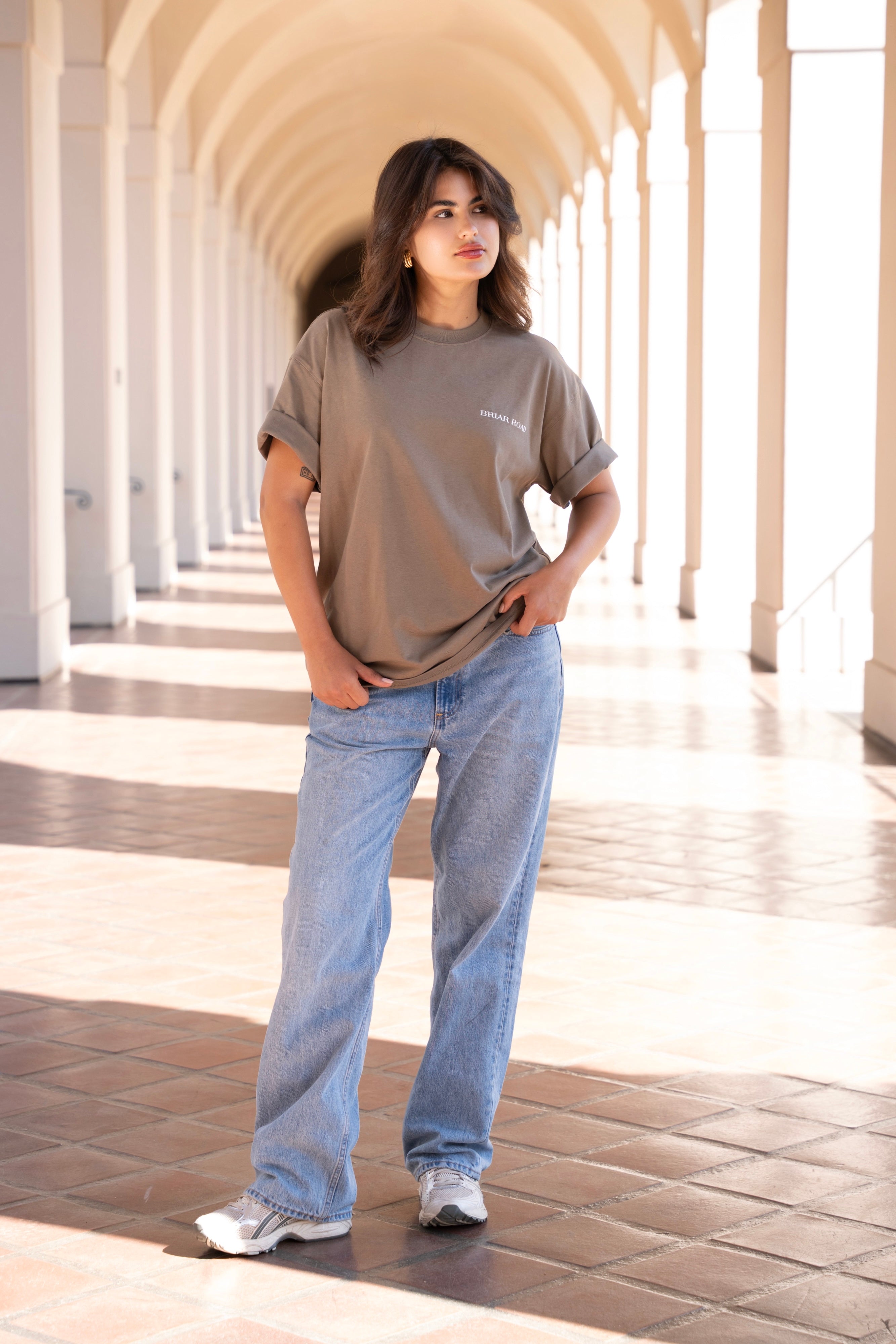 Woman wearing cotton crewneck sweatshirt